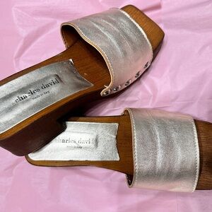 Charles David Gold Metallic Nakita Wood Slide Mules Sandals